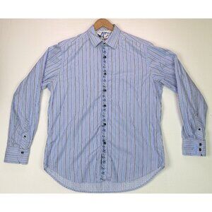 Robert Graham Shirt Blue Pin Stripe Embroidered Patterned Flip Cuff Classic Sz L